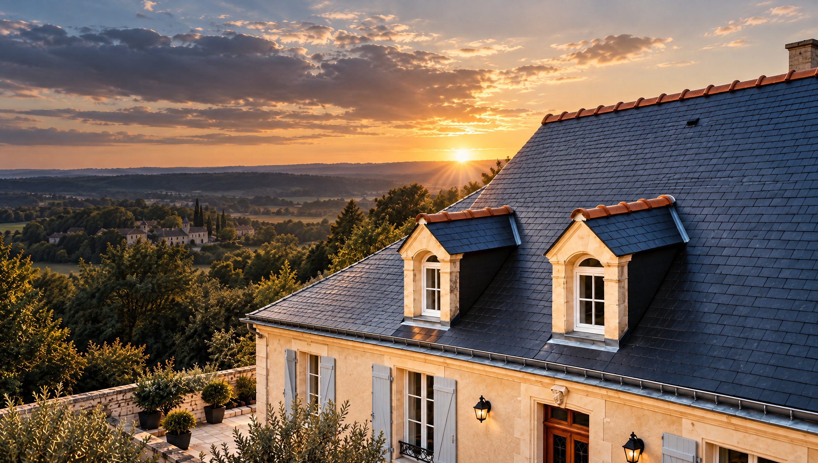 Maison charentaise avec toiture en ardoise et lucarnes, au coucher de soleil